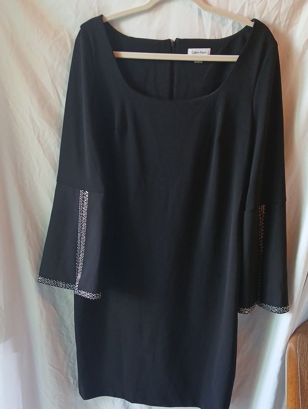 Calvin Klein Black Dress with Studded Sparkly Dot Open Trim Long Sleeves